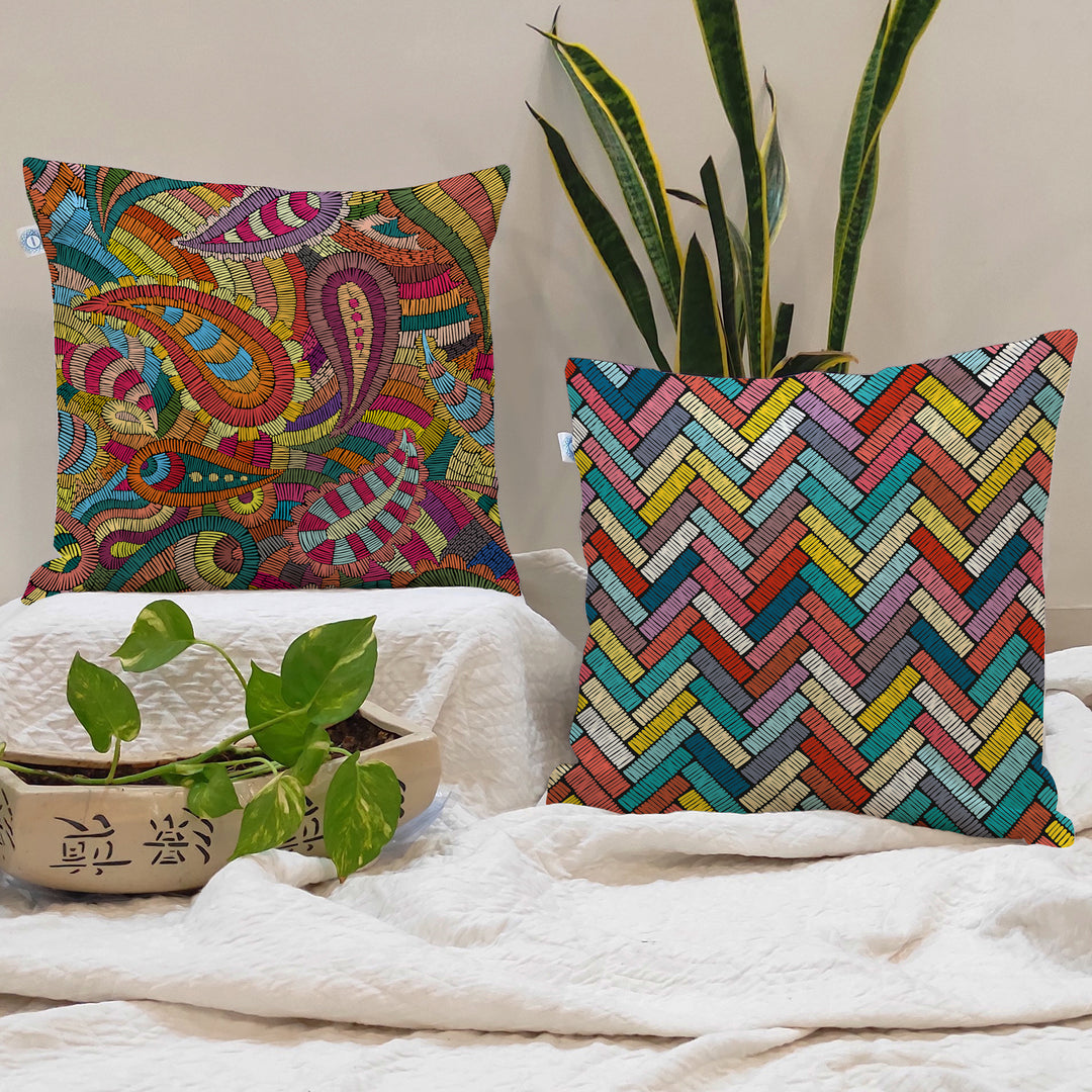 Abstract Printed Cotton Canvas Cushion Covers, Set of 2 (24 x 24 Inches)