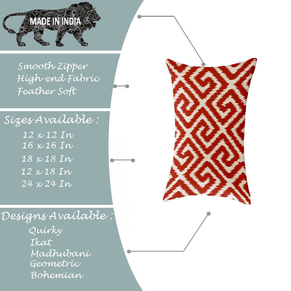 Red Geometrical Ikat Ethnic Printed Canvas Cotton Cushion Covers, Red Set of 2 (12 x 18 Inches)