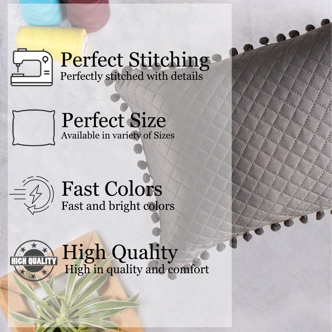 Both Side with PomPom Quilted Velvet Rectangular Cushion Cover (Set of 2), Grey