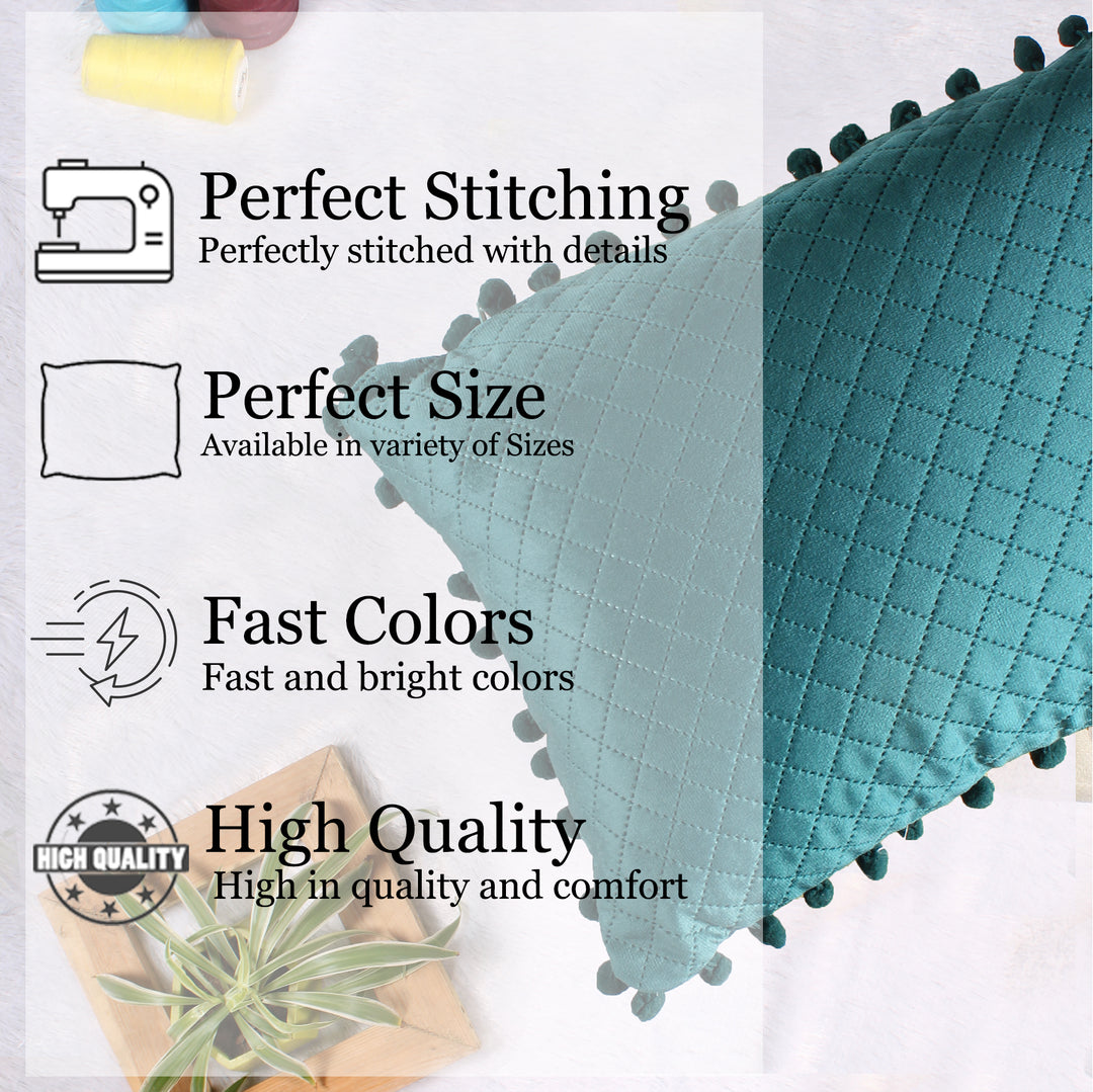 Both Side with PomPom Quilted Velvet Rectangular Cushion Cover (Set of 2), Green