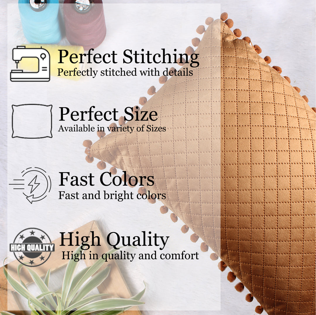 Both Side with PomPom Quilted Velvet Rectangular Cushion Cover (Set of 2), Brown