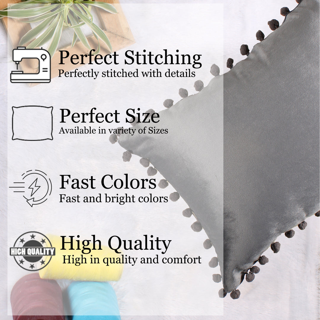 Velvet Cushion Covers Adorned With Pom Poms Rectangular Set of 2 ,Grey