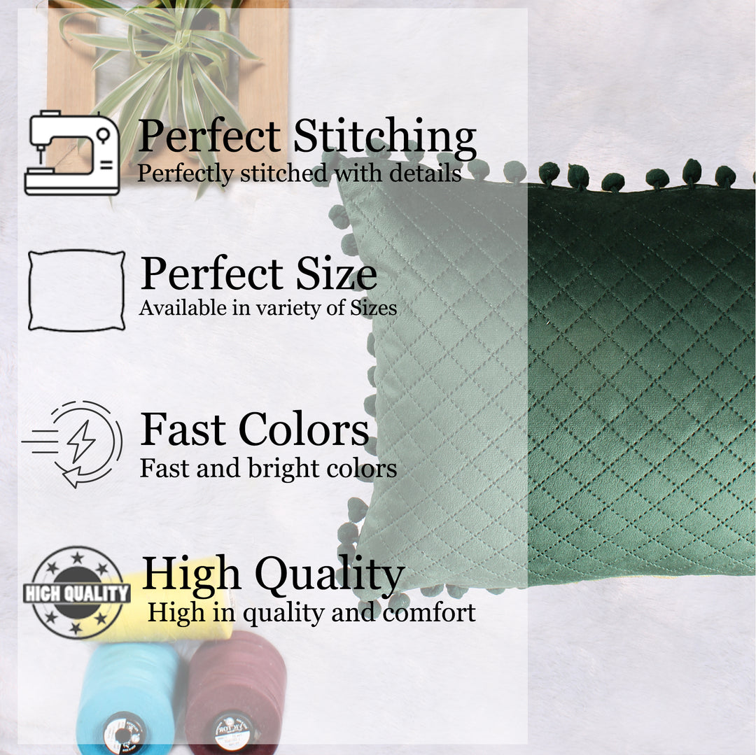 Both Side with PomPom Quilted Velvet Rectangular Cushion Cover (Set of 2), Green