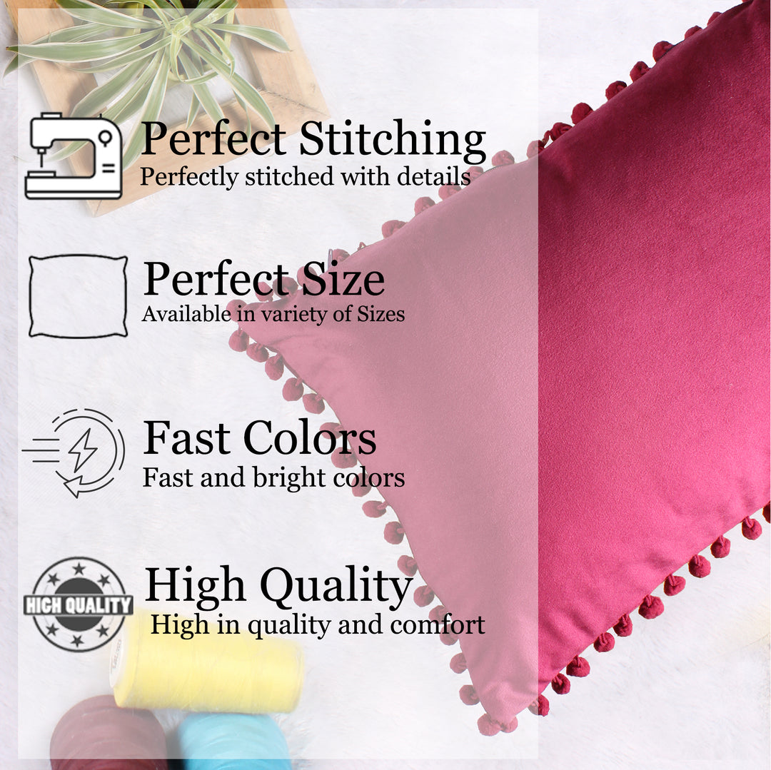Velvet Cushion Covers Adorned With Pom Poms Rectangular Set of 2 ,Maroon