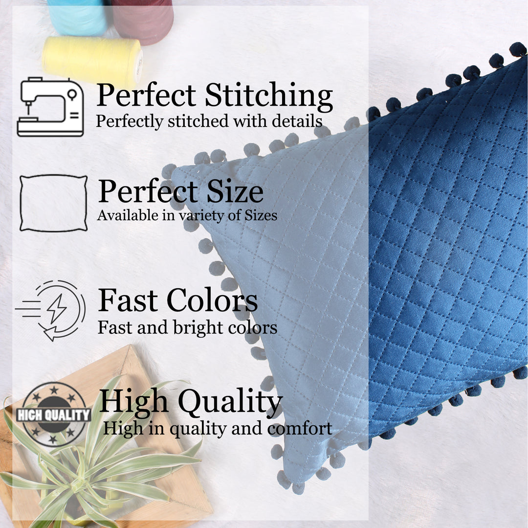 Both Side with PomPom Quilted Velvet Rectangular Cushion Cover (Set of 2), Blue