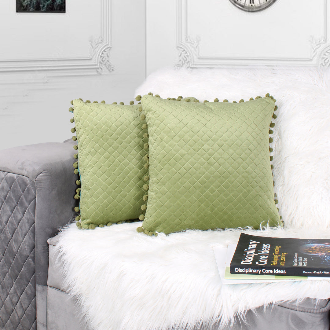 Both Side with PomPom Quilted Velvet Cushion Cover (Set of 2), Mehndi