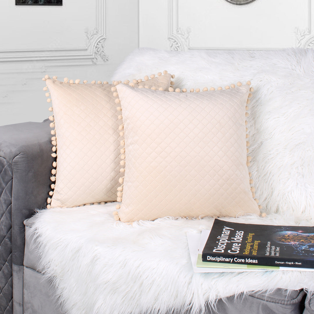 Both Side with PomPom Quilted Velvet Cushion Cover (Set of 2), Beige