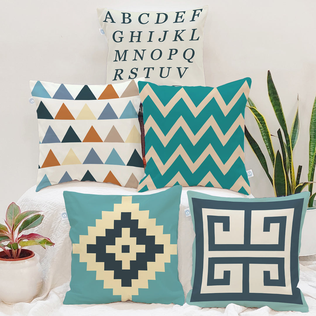 Geometrical Printed Canvas Cotton Cushion Covers, Set of 5 (12 x 12 Inches)