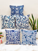 Load image into Gallery viewer, Ethnic Blue Printed Canvas Cotton Cushion Covers, Set of 5