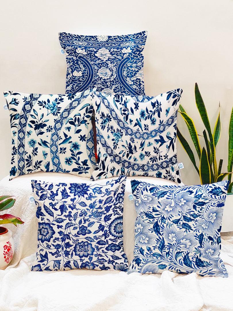 Ethnic Blue Printed Canvas Cotton Cushion Covers, Set of 5