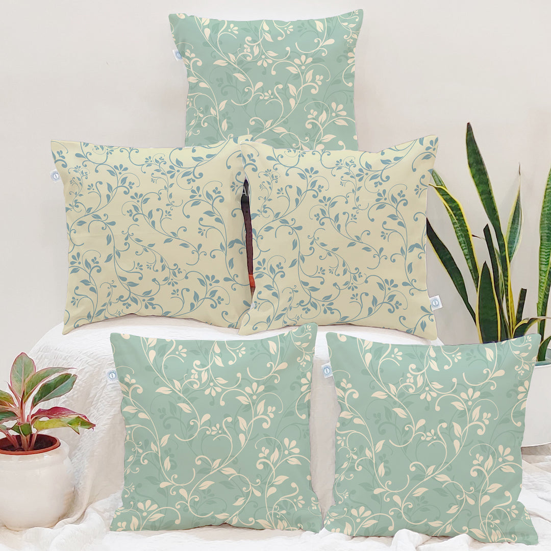 Teal Printed Canvas Cotton Rectangular Cushion Covers, Combo Set 5