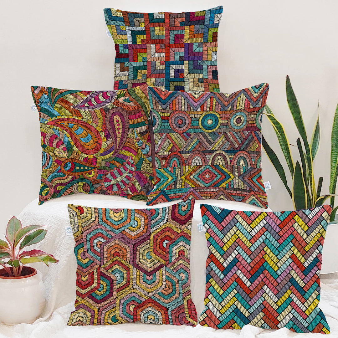 Abstract Printed Cotton Canvas Cushion Covers, Set of 5