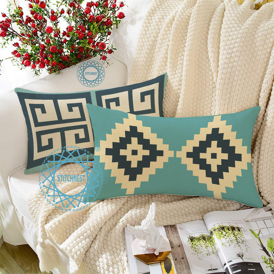Geometrical Printed Canvas Cotton Rectangular Cushion Covers, Set of 2 (12 x 18 Inches)