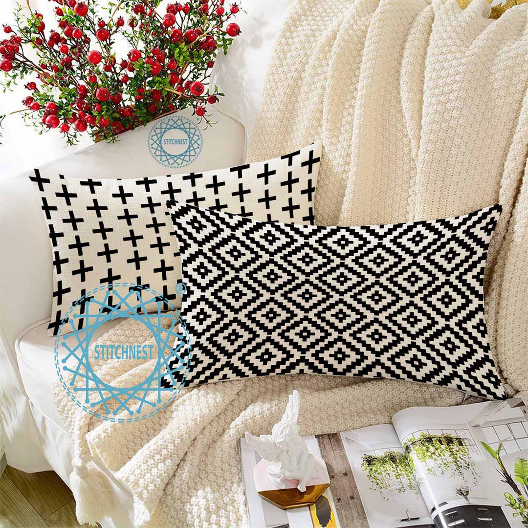 Geometric Black and White Printed Canvas Cotton Rectangular Cushion Cover, Set of 2 ( 12 x 18 Inches )