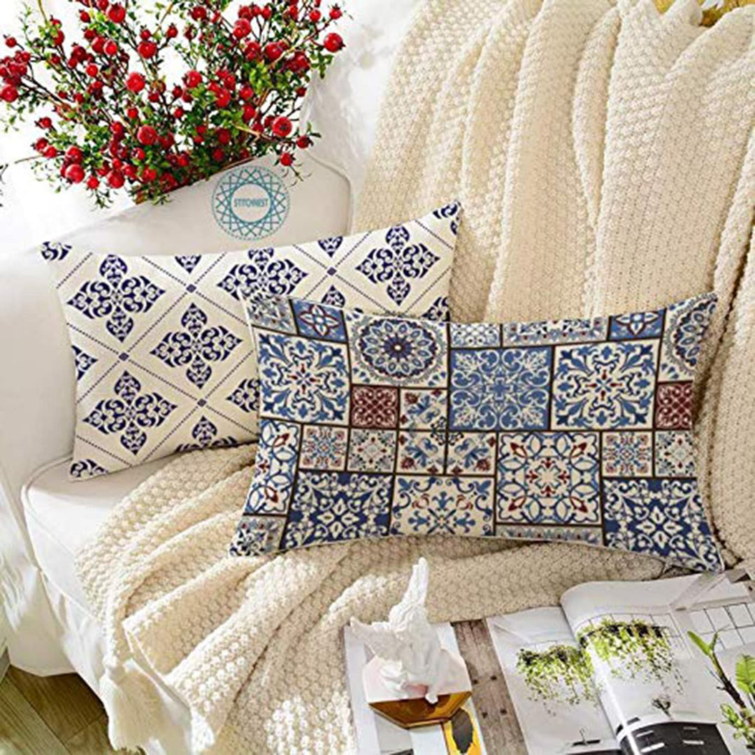 Ethnic Persian Art Box Printed Canvas Cotton Rectangular Cushion Covers, Set of 2 (12 x 18 Inches)