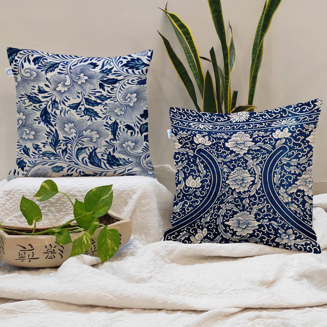 Ethnic Blue Printed Canvas Cotton Cushion Covers, Set of 2