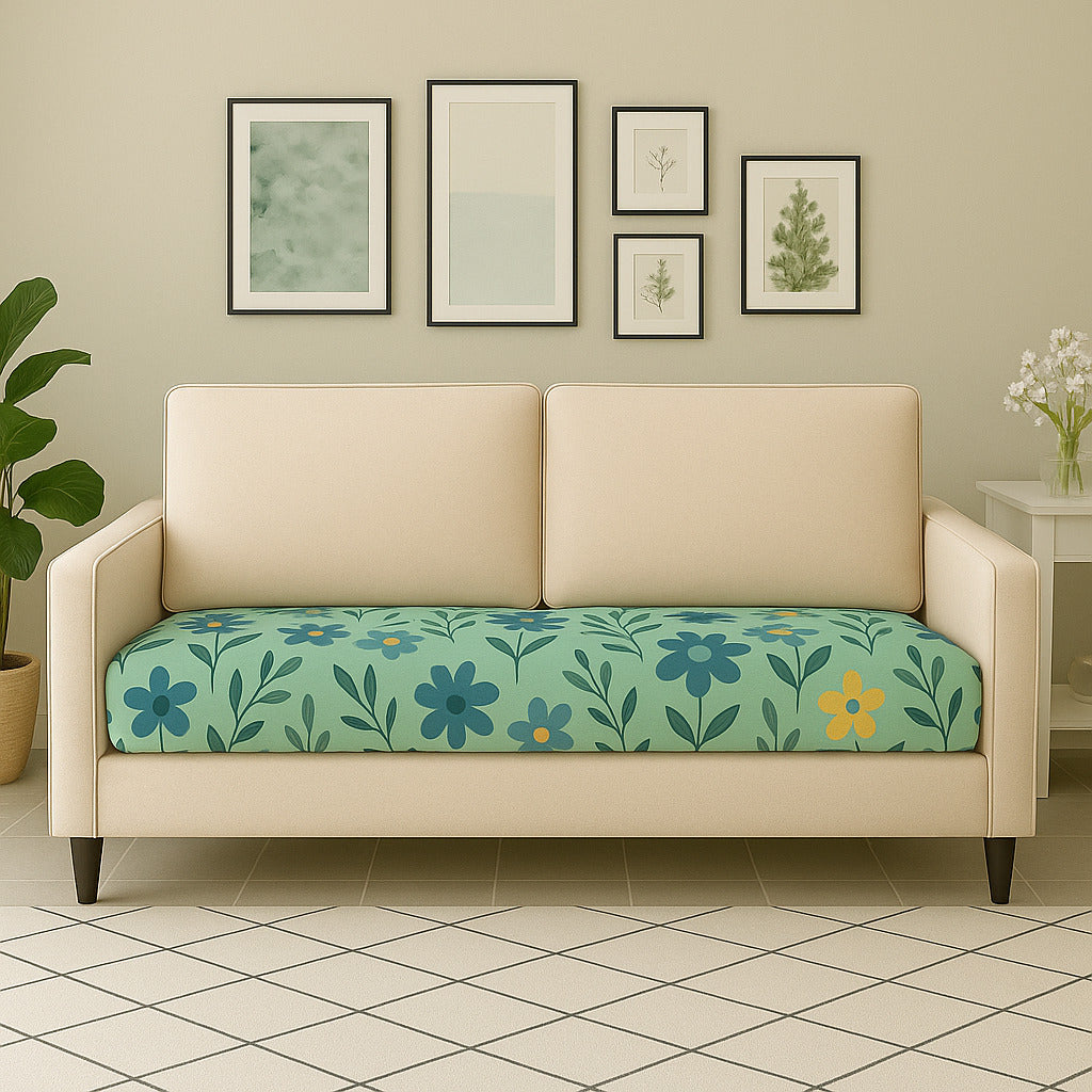 2-Seater Sofa Gaddi Cover | Seamless Floral Print | Spandex Blend | Blue-Green-Yellow | 21x42-22x43
