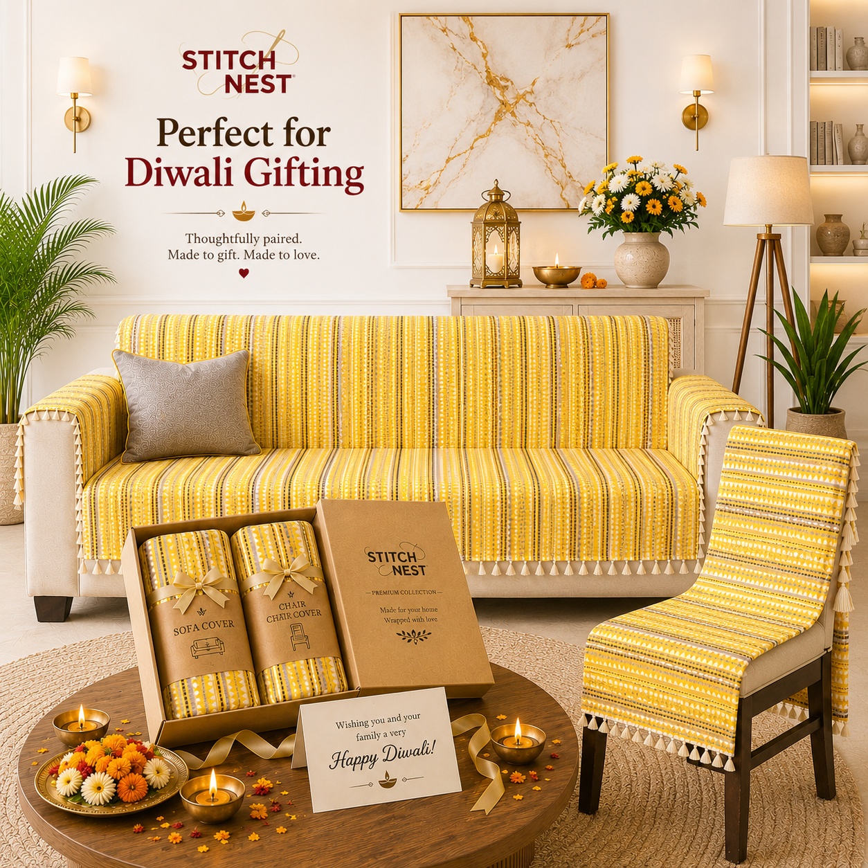 3 Seater Sofa Cover + 6 Chair Covers,Mellow Yellow