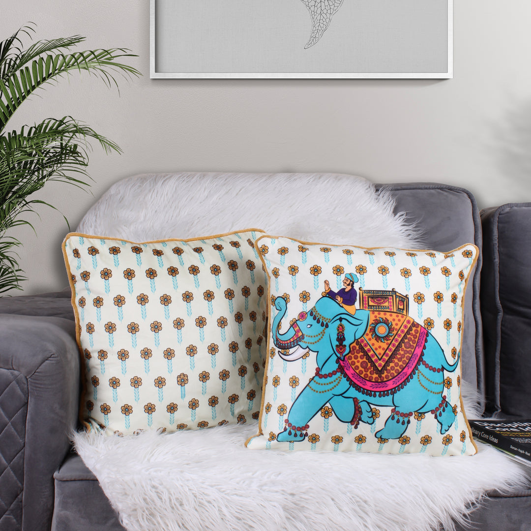Jewelled Elephant Both Sided Printed Velvet Cushion Cover with Piping (Set of 2)