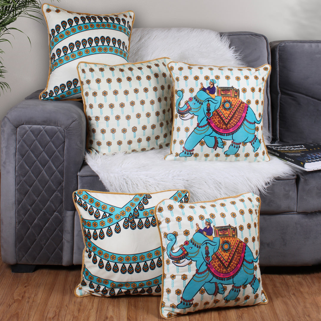 Jewelled Elephant Both Sided Printed Velvet Cushion Cover with Piping (Set of 5)