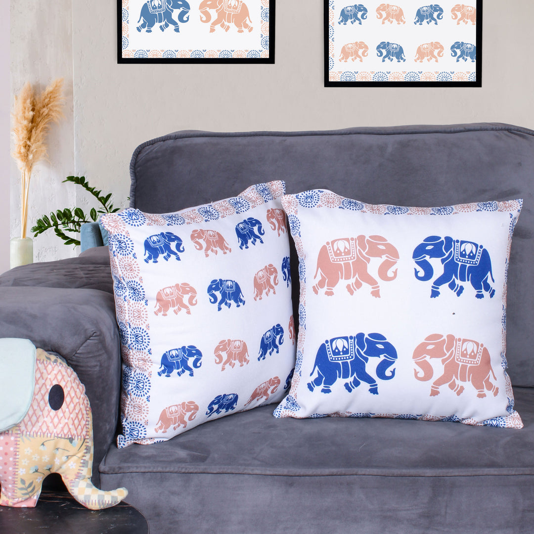 Both Side Block Print Elephant Cushion Cover Set of 2