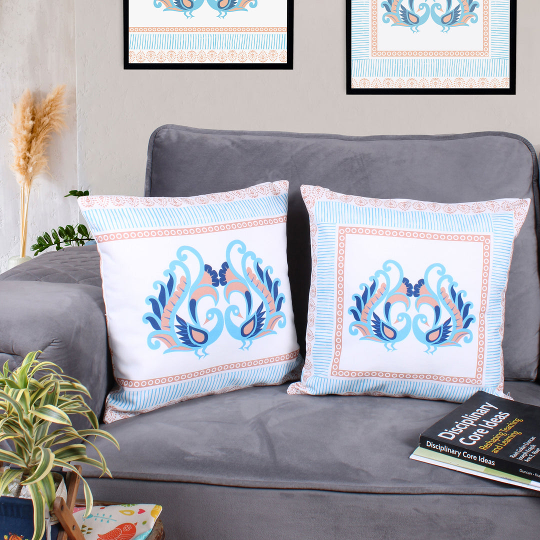 Both Side Block Print Peacock Cushion Cover Set of 2