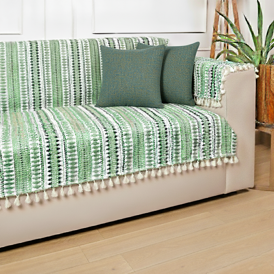 Ethnic Art Sofa Protector with Solid Jute Cushion Cover Set