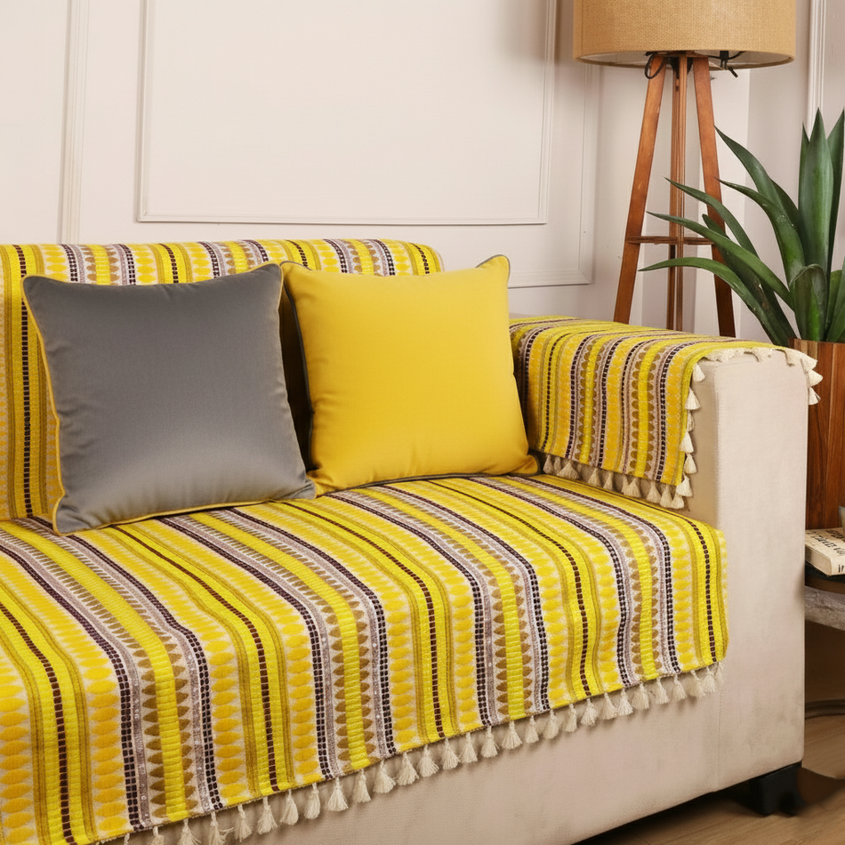 Velvet Touch & Woven Charm Sofa Cover Set – Yellow & Grey Combo