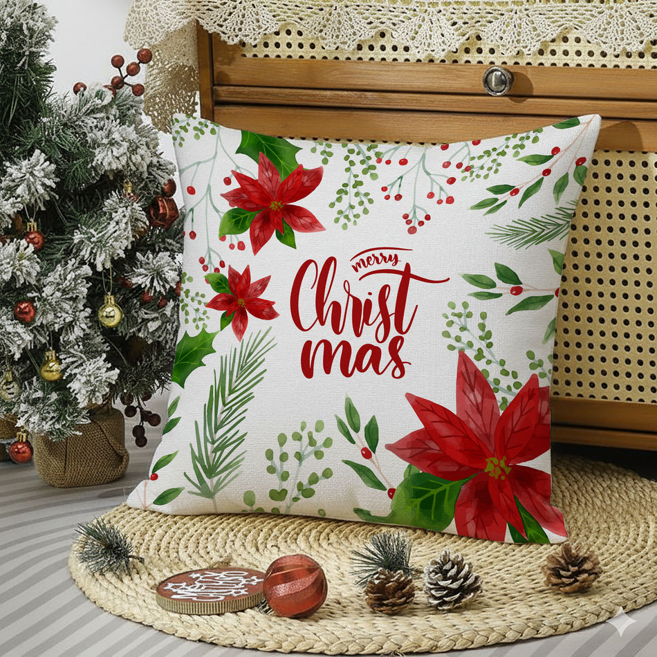 Merry Christmas Floral Cushion Cover - 16x16 Inches