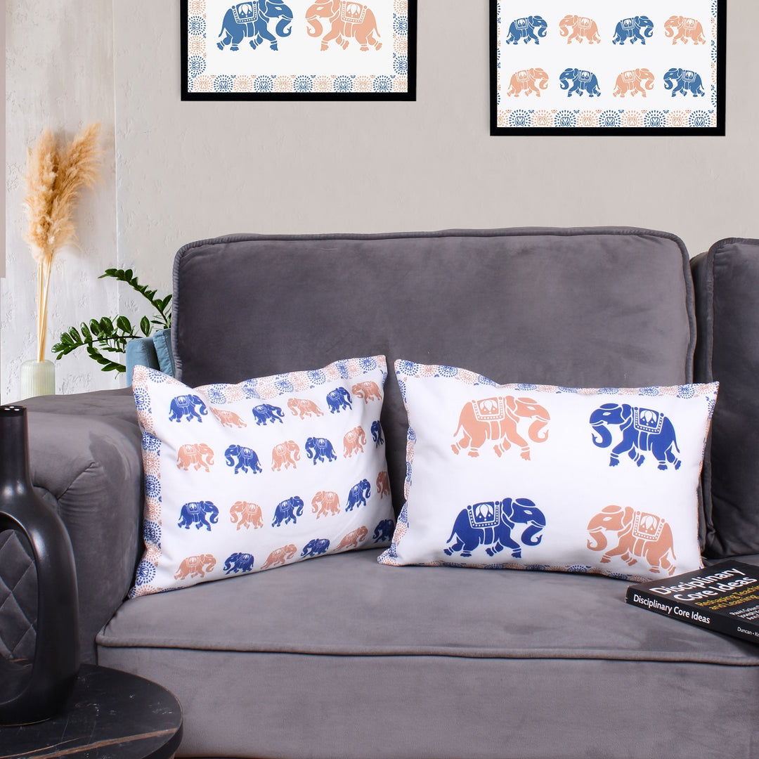 Both Side Block Print Elephant Cushion Cover Set of 2 ( 12 X 18 Inches )