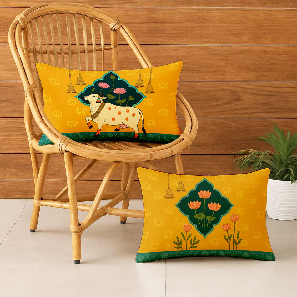 Satin Ethnic Cowbell Cushion Covers, Living Room & Festive Decor - Set of 2 and 5