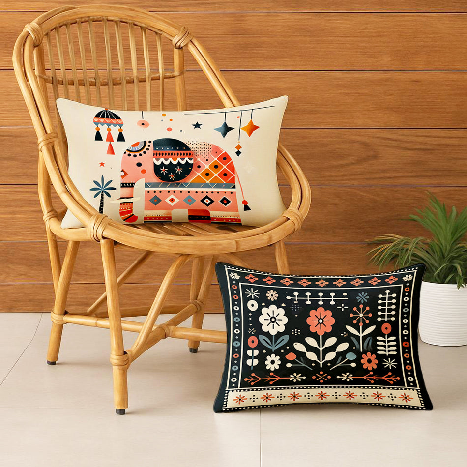 Satin Ethnic Gaja Cushion Covers, Living Room & Festive Decor - Set of 2 and 5