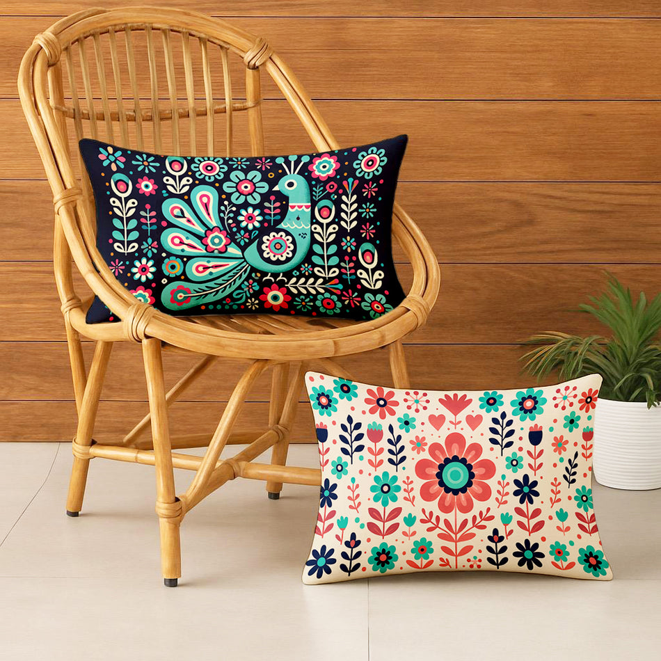 Satin Ethnic Mayur Cushion Covers, Living Room & Festive Decor - Set of 2 and 5