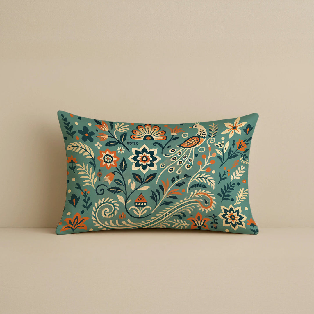 Satin Cushion Covers with Twin Peacock & Floral Motif | 12x18 Inches | Set of 2