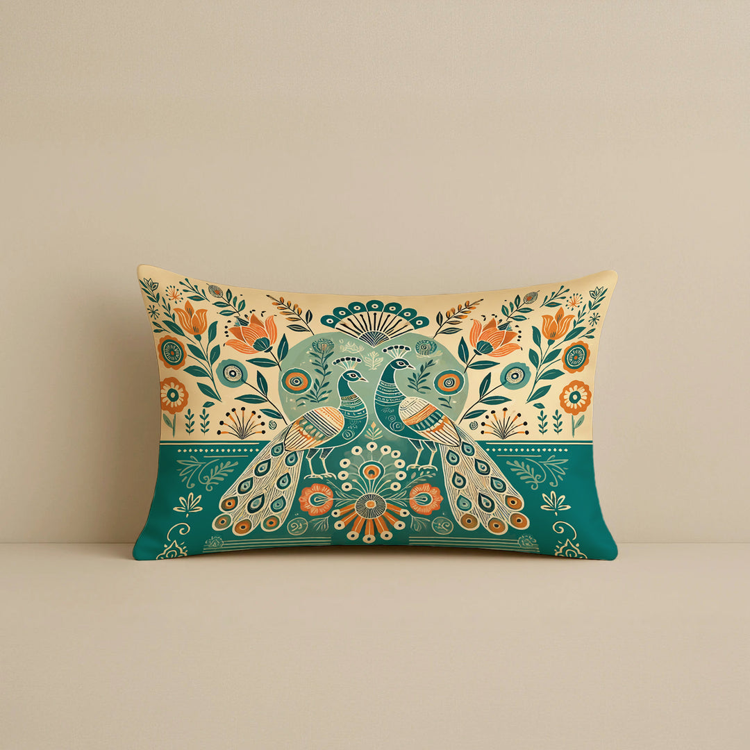 Satin Cushion Covers with Twin Peacock & Floral Motif | 12x18 Inches | Set of 2