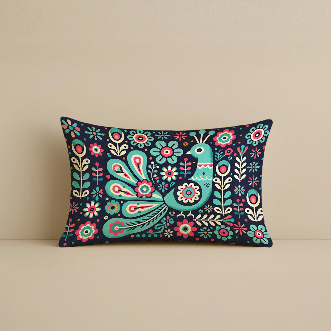 Satin Folk Art Peacock & Botanical Motif Cushion Covers | 12x18 Inches | Set of 2