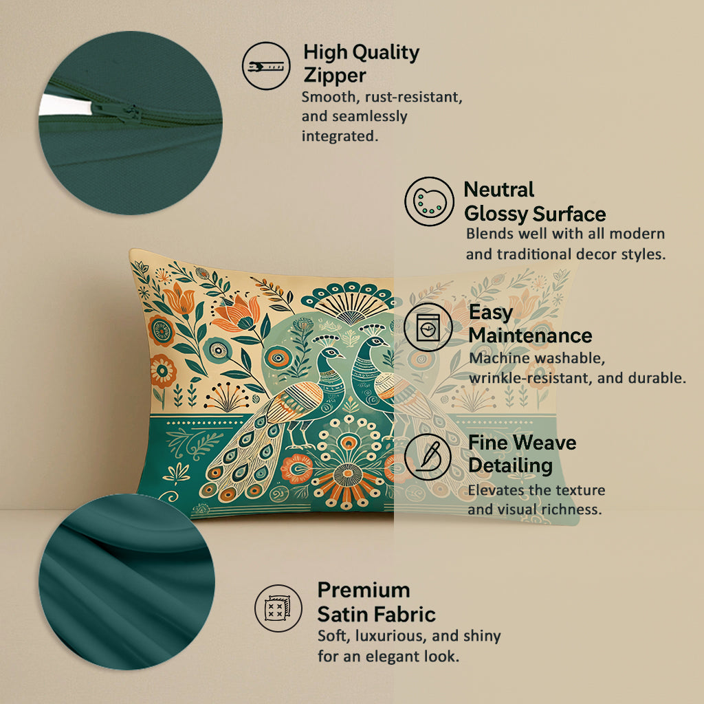 Satin Cushion Covers with Twin Peacock & Floral Motif | 12x18 Inches | Set of 2