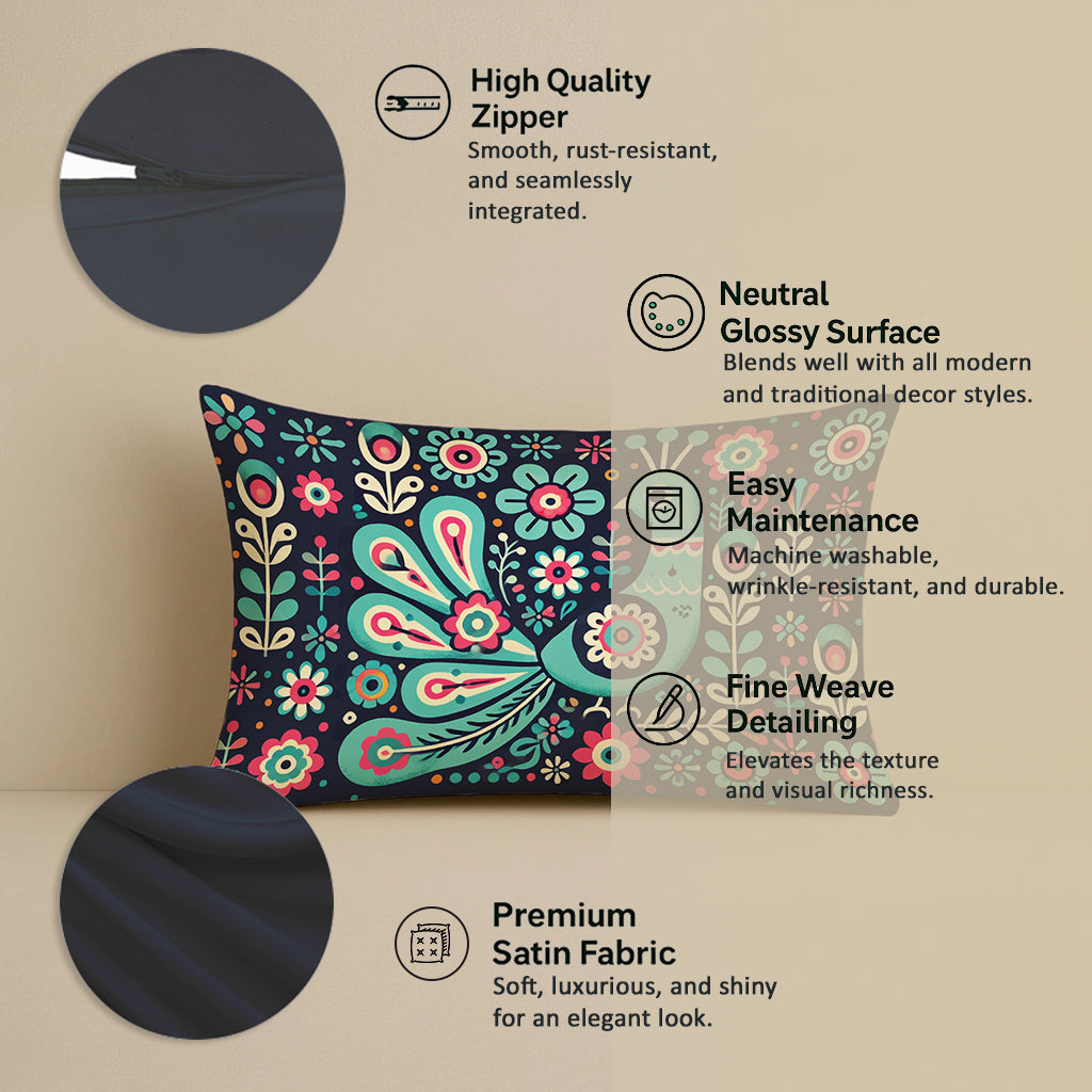 Satin Folk Art Peacock & Botanical Motif Cushion Covers | 12x18 Inches | Set of 2