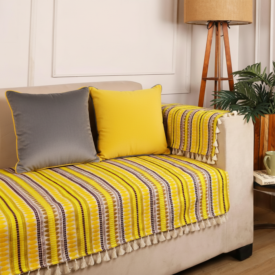 Velvet Touch & Woven Charm Sofa Cover Set – Yellow & Grey Combo