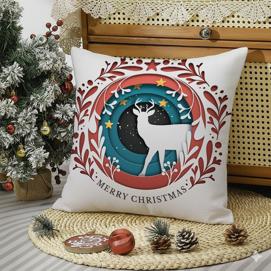 Festive Reindeer Night Scene Cushion Cover - 16x16 Inches