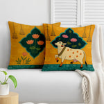 Load image into Gallery viewer, Satin Ethnic Cushion Covers Cow &amp; Lotus Art, Living Room &amp; Festive Décor |24x24 Inches |Set of 2
