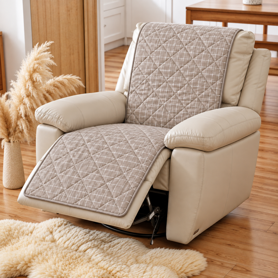 Geometric Grid Printed Diamond Quilted Recliner Chair Cover for Single Seater Sofa, 70 x 30 Inches – Decorative Furniture Protector with Backrest, Seat & Footrest Coverage