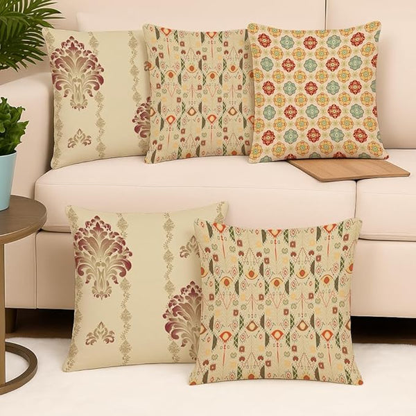 Beige Traditional Print Cushion Cover – 18×18 Inches (Pack of 5)