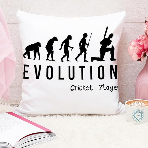 Evolution of Cricket Player Printed Cushion Cover – 16×16 Inches