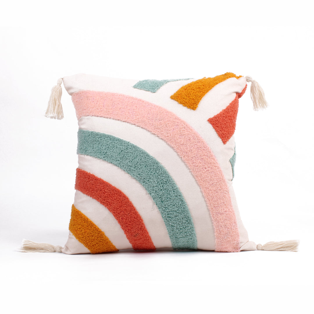 Rainbow Tufted Cushion Cover with Tassel 16 X 16 Inches Pack of 1