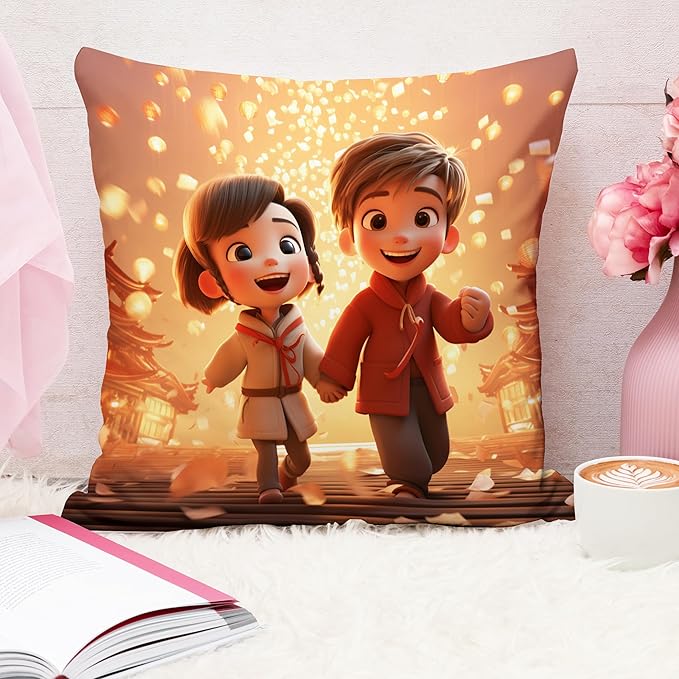 Valentine Cheerful Couple Lantern Cushion Cover (16x16 Inches)