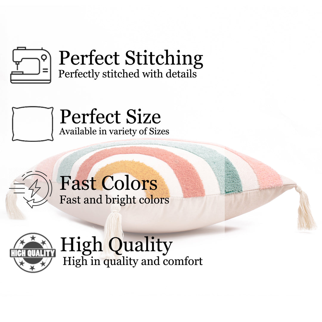 Rainbow Tufted Cushion Cover with Tassel 16 X 16 Inches Pack of 1