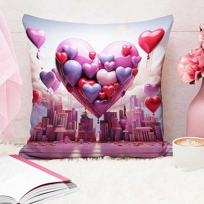 Valentine Heart Balloons Cushion Cover (16x16 Inches)