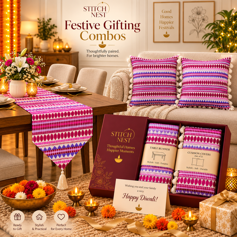 Festive Mosaic Premium Home Gifting Combo – Table Runner & Cushion Covers
