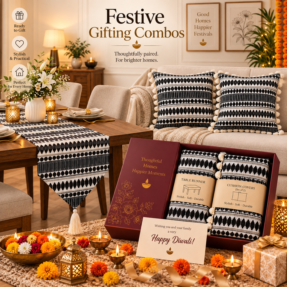 Noir Harmony Festive Home Décor Gift Set – Table Runner & Cushion Covers